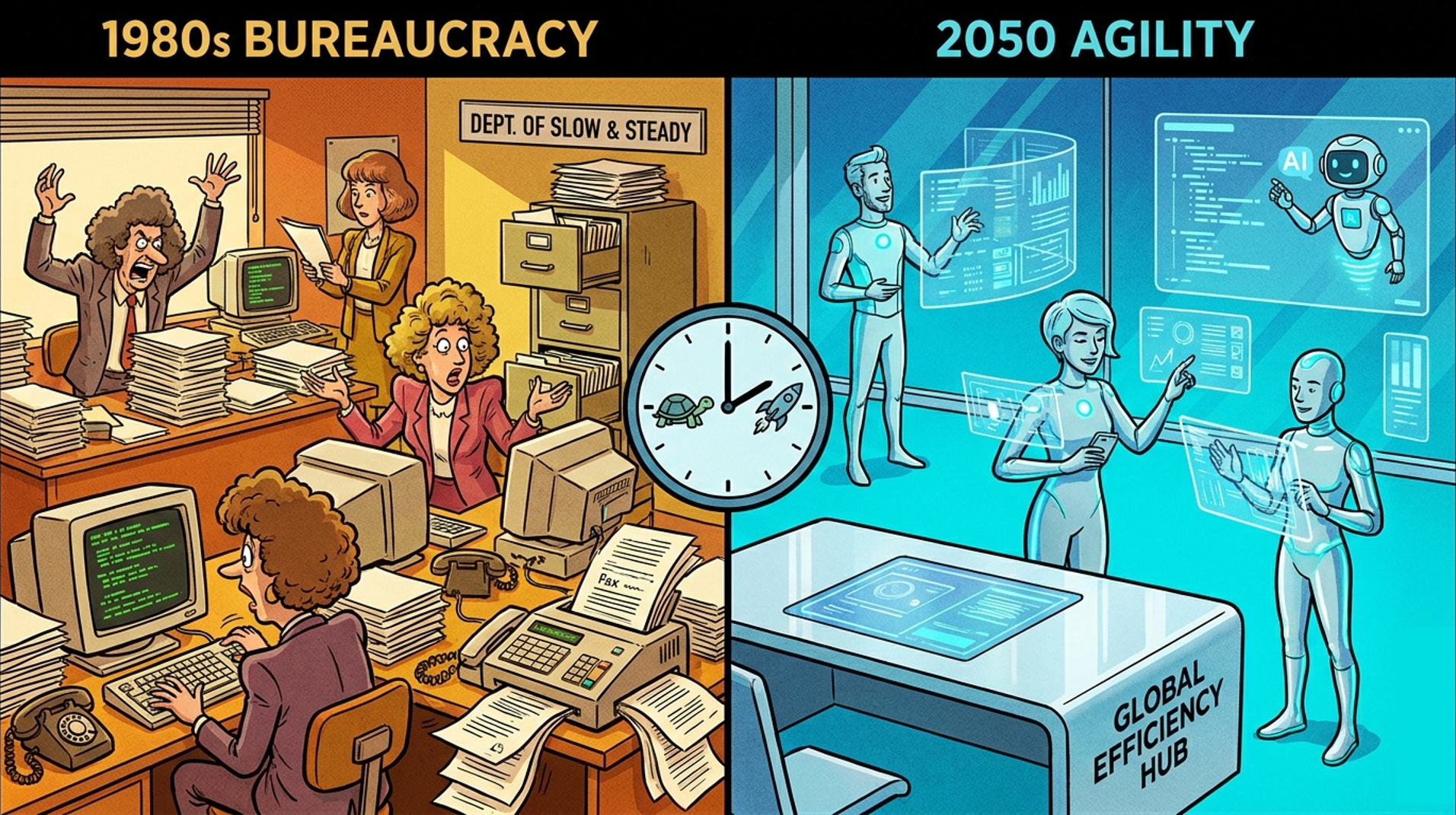 Comparativa entre la burocracia de los años 80 y la agilidad tecnológica de 2050 — WHY Dynamics