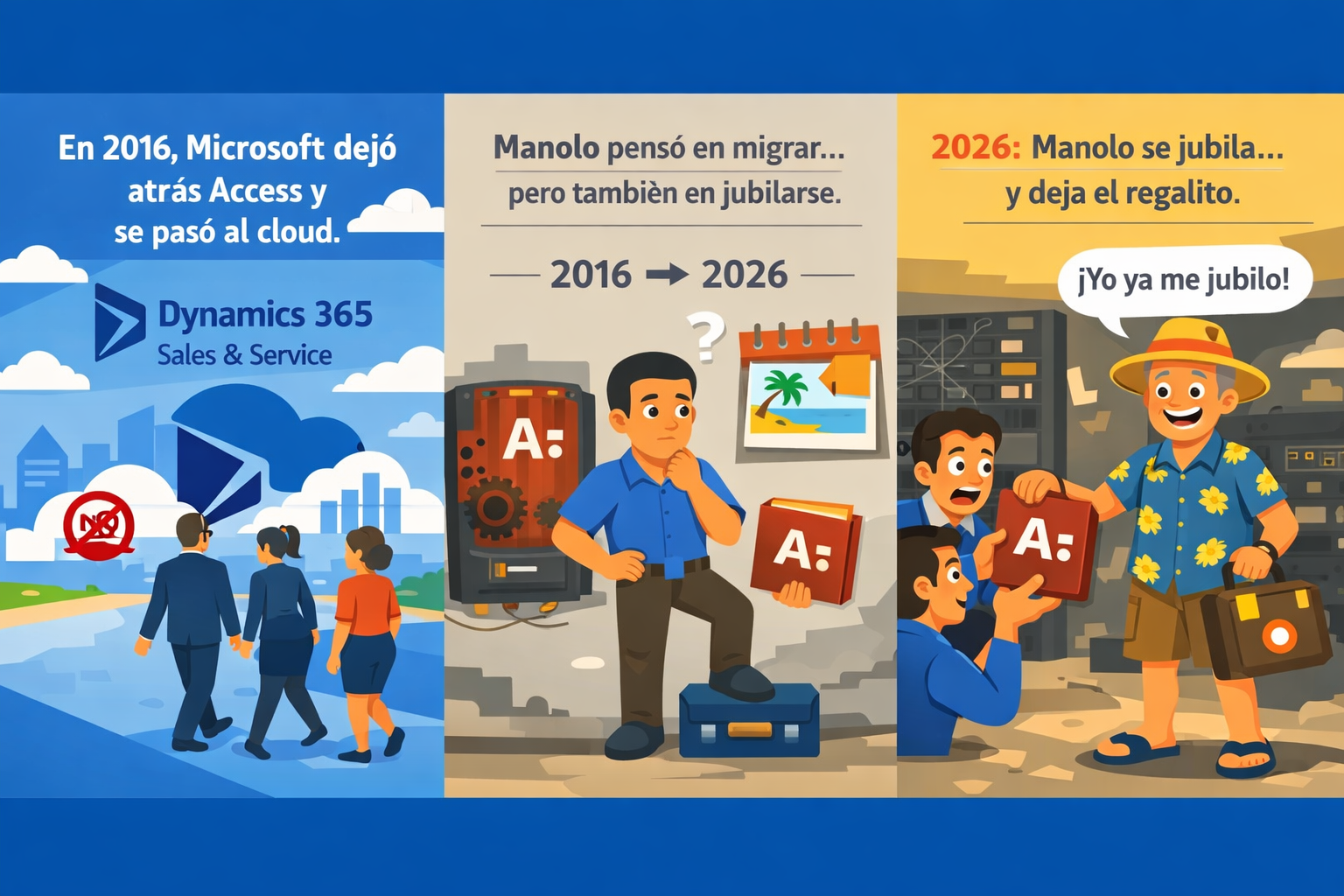 Historieta en 3 viñetas: en 2016 Microsoft dejó Access atrás y se pasó al cloud con Dynamics 365; entre 2016 y 2026 Manolo, el desarrollador del Access, pensó en migrar pero también en jubilarse; en 2026 Manolo se jubila y deja la herencia obsoleta del Access a sus compañeros.