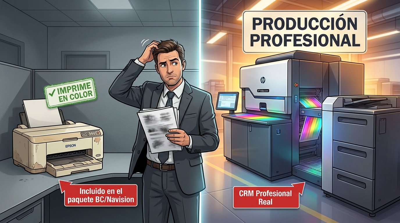 Comparación visual entre una impresora doméstica antigua etiquetada como 'incluido en el paquete BC/Navision' y una máquina de producción profesional HP Indigo etiquetada como 'CRM Profesional Real'. En el centro, un directivo confundido sostiene documentos mal impresos.